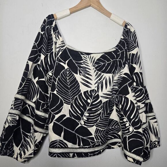Cynthia Rowley Linen Blouse Women’s Size XL Black White Leaf Square Neck Top - Picture 5 of 6